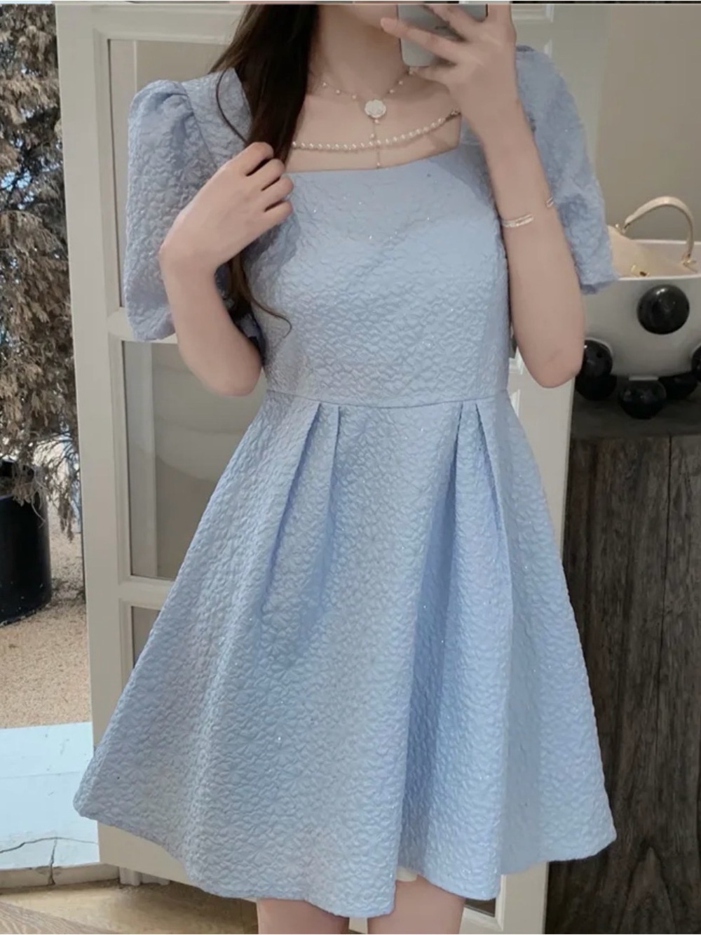 Light Blue Puff Sleeve Square Neck Pleated A-Line Dress